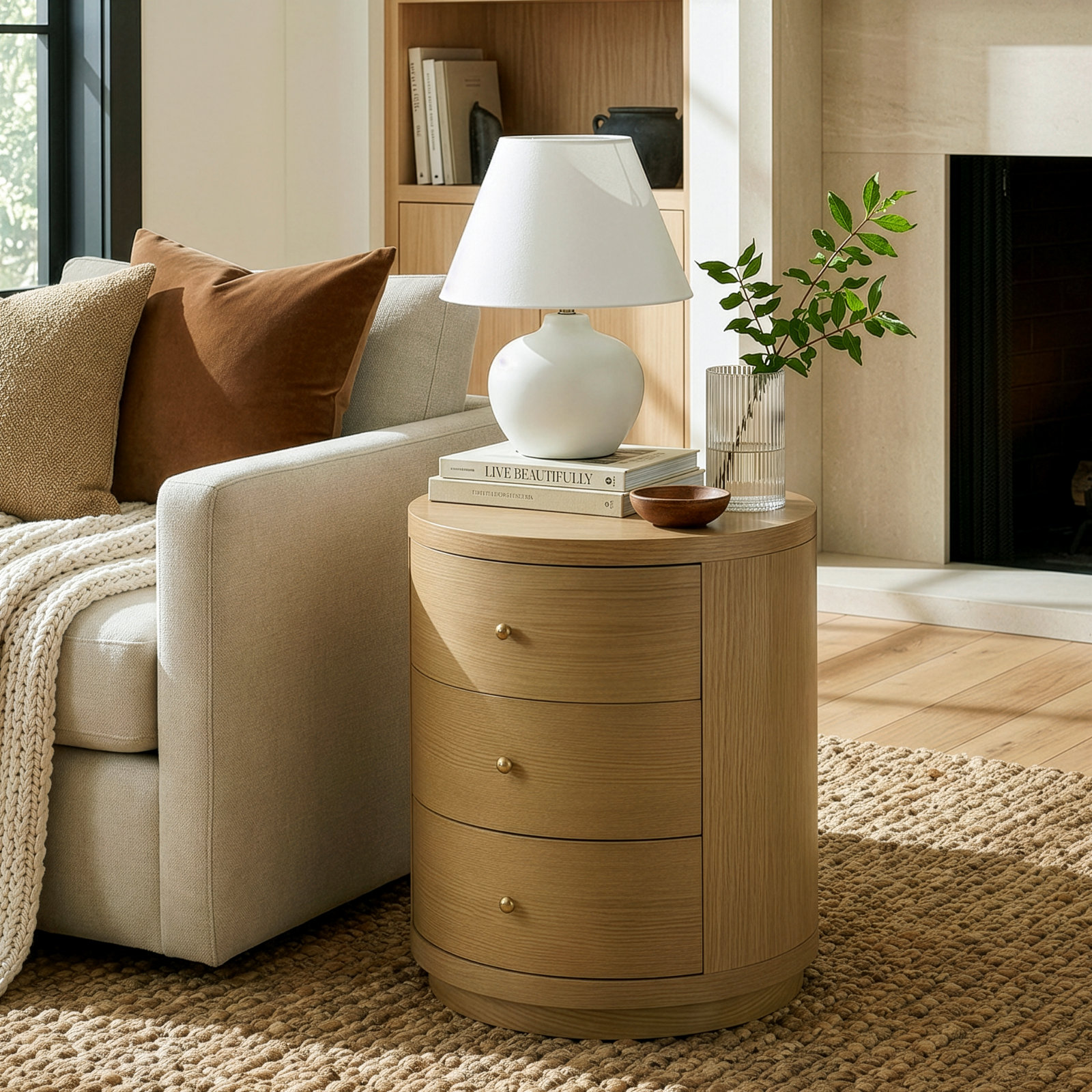 Celine 3-Drawer Acacia Nightstand, Natural Oak Brown
