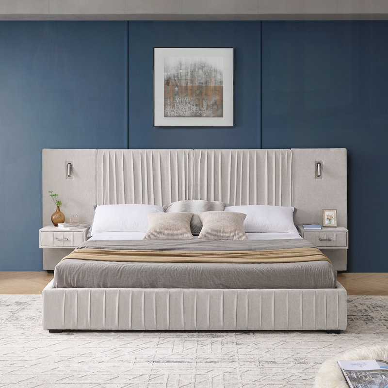 Upholstered Bed Frame With Headboard, King, Beige