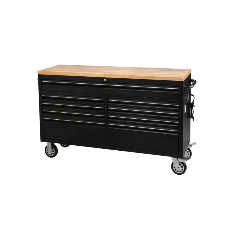 Coffre à outils robuste de 61 pouces avec 9 tiroirs verrouillables - Armoire de rangement en acier, établi en bois, organiseur mobile pour garage, atelier, entrepôt - Noir - Réglementation américaine