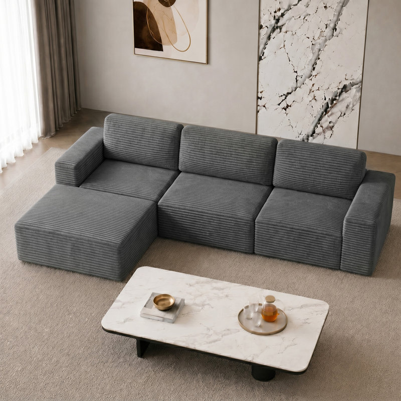 3 Seater Corduroy Sectional, Grey