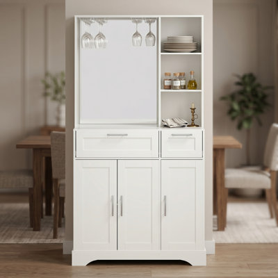 Buffet de style Shaker avec présentoir à miroir et porte-verres à pied, 2 tiroirs coulissants, 3 portes, tablettes ouvertes