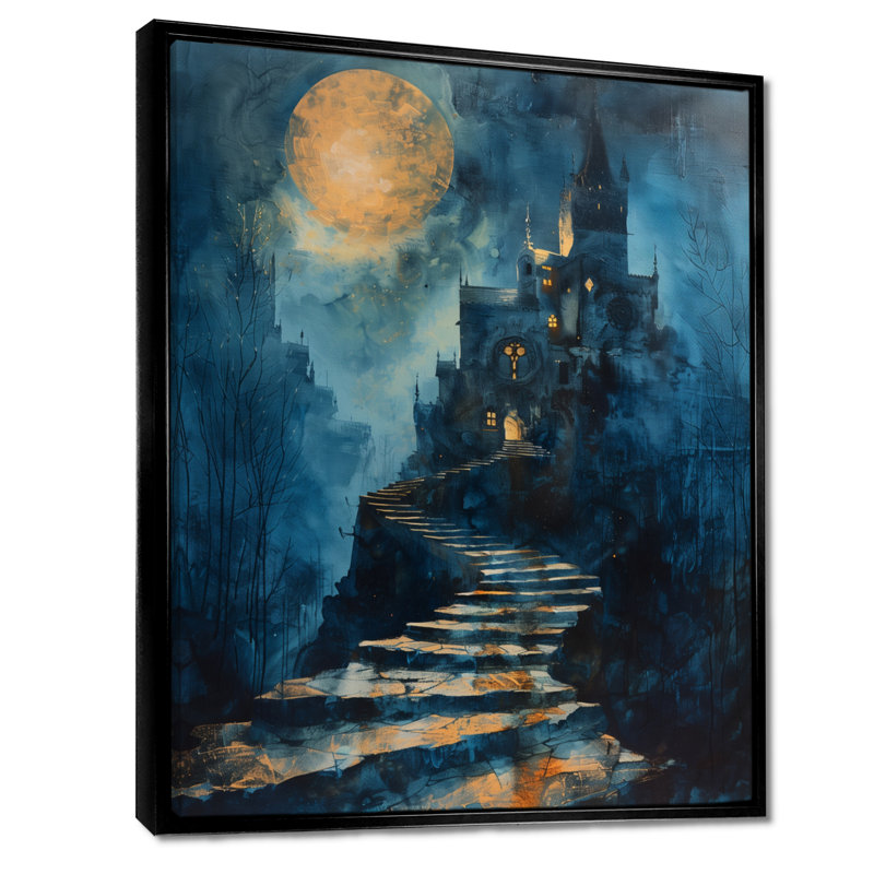 Orange, bleu, hiver, clair de lune, entrepôt, chateau, chateaux, salon, art mural, Toile avec cadre flottant noir