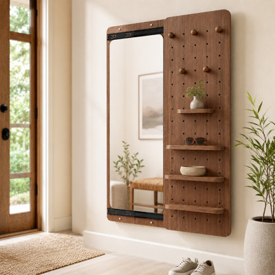  Modern Rubber Wood Wall Mounted Full Length Mirror with Sliding Panel and Adjustable Storage