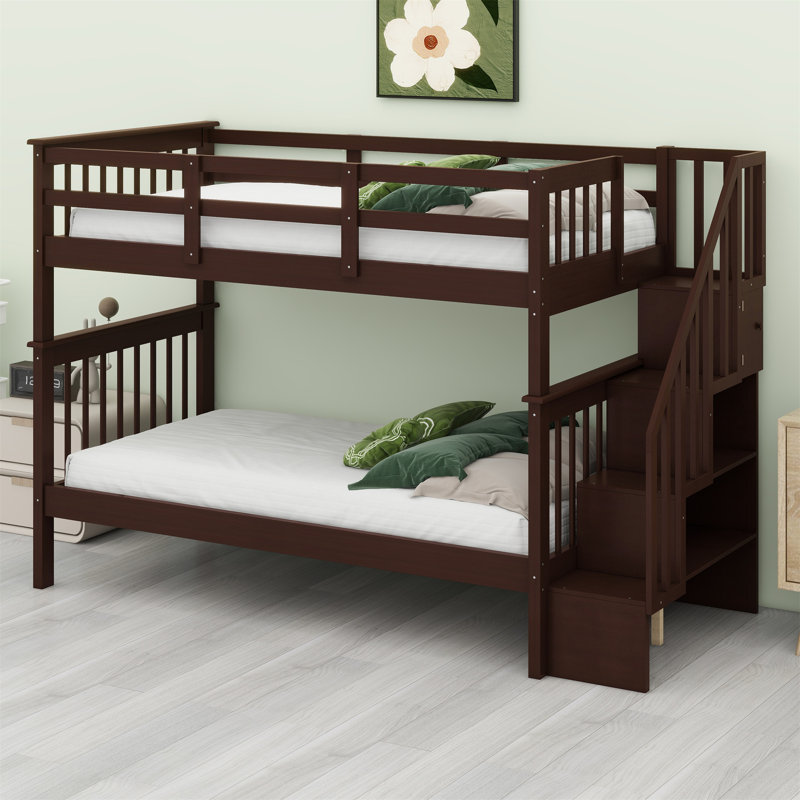 Bunk Bed With Storage Stairway And Guard Rail, Espresso