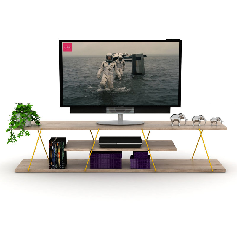 Meuble télé moderne avec 4 tablettes ouvertes, Chêne
