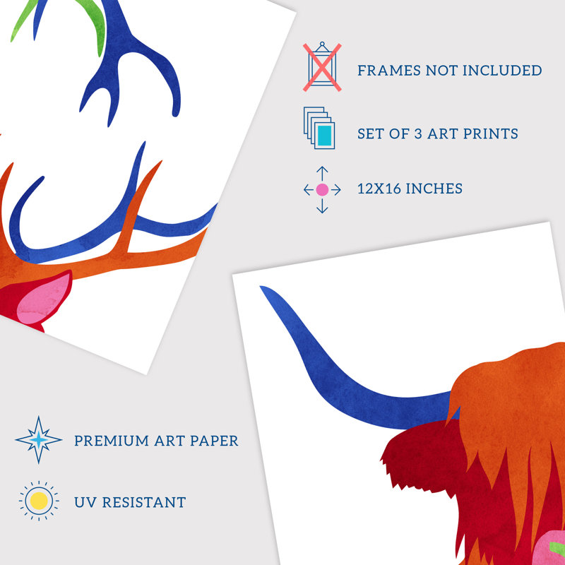 Scottish Animals Highland Coo Cow Grouse Deer Abstract Colour Block - 3 Piece No Frame Print Set