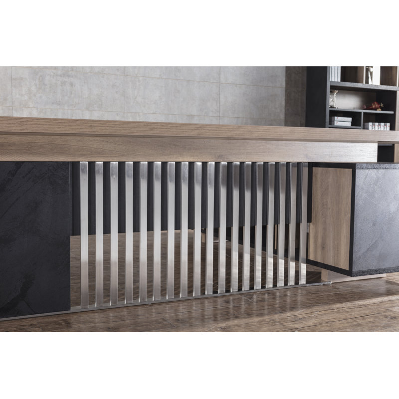 Grand bureau de direction de 70,8 pouces en acier inoxydable avec armoire à tiroirs, bureau en forme de L, bureau d'ordinateur avec ports de charge universels et gestion des câbles pour poste de travail pour bureau personnel (à gauche)