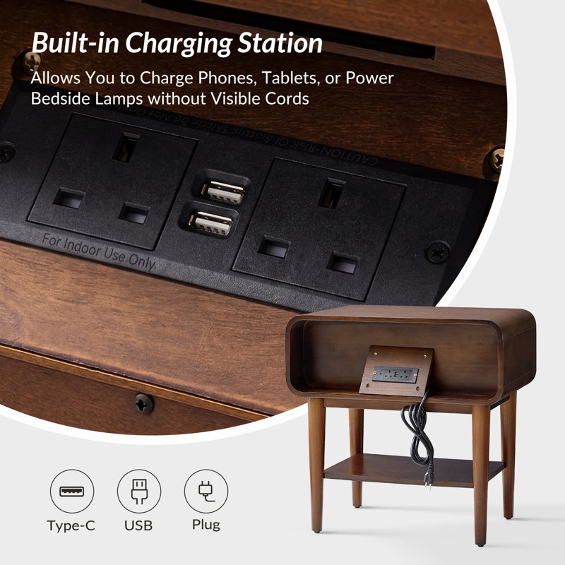 Elzena Mid-Century Modern 2-Drawer Solid Wood Veneer With Built-In Charging End Table, Walnut