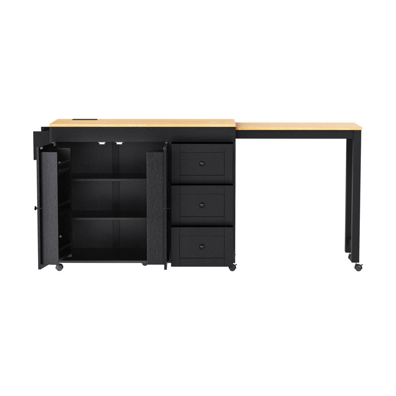 Extendable Dining Table Kitchen Island with Storage, Power Outlet, and Rolling Wheels for Versatile Kitchen Use, Black
