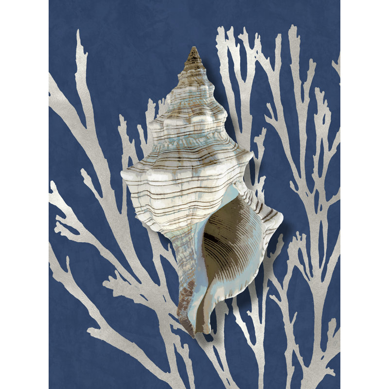 «Shell Coral Silver on Blue III» par Caroline Kelly - reproduction d'art sur toile tendue, H 24 po x l 18 po