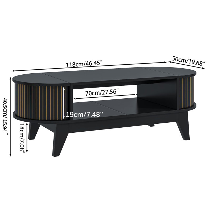 Table basse ovale de 46,45 po avec rangement, table d'appoint cannelée pour le salon, Noir, noir, noir, noir