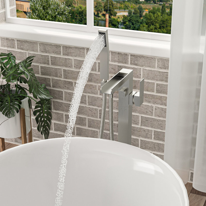 Freestanding Bathtub Faucet With Waterfall Tub Filler And Hand Shower, 360 Rotatable Spout, Dual Temperature Regulation, Brass Base Matte Black Faucet, 59" - Kink Hose, Control For Relaxing Water