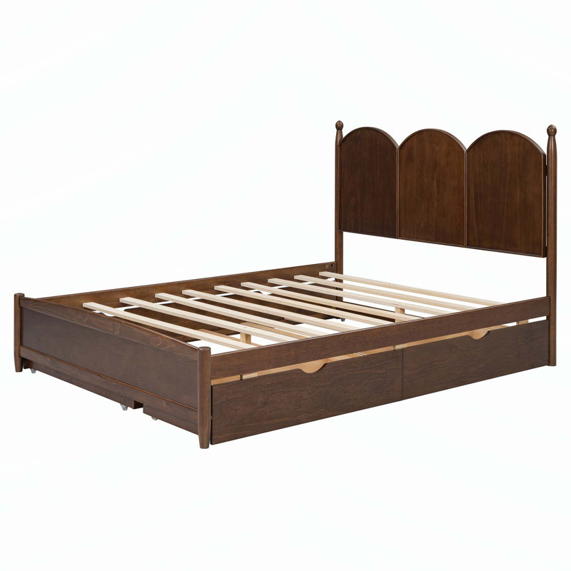 Charming Platform Bed with Drawers and Pull-Out Trundle for Versatile Use, Walnut