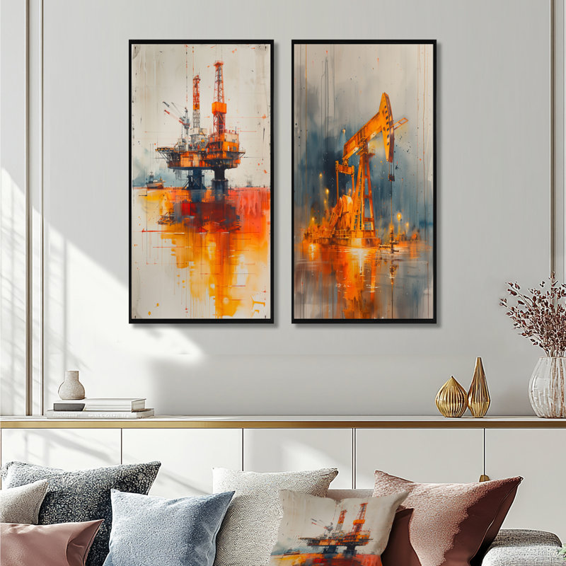 Ensemble de 2 pièces d'art mural orange et gris «Oiling the future», H 40 po x l 40 po, Noir, noir, noir, noir
