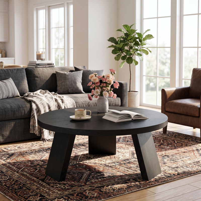 Table basse ronde moderne de 85 cm (33,5 po) avec 3 pieds stables, table à cocktail circulaire idéale pour les petits espaces, montage facile, noire