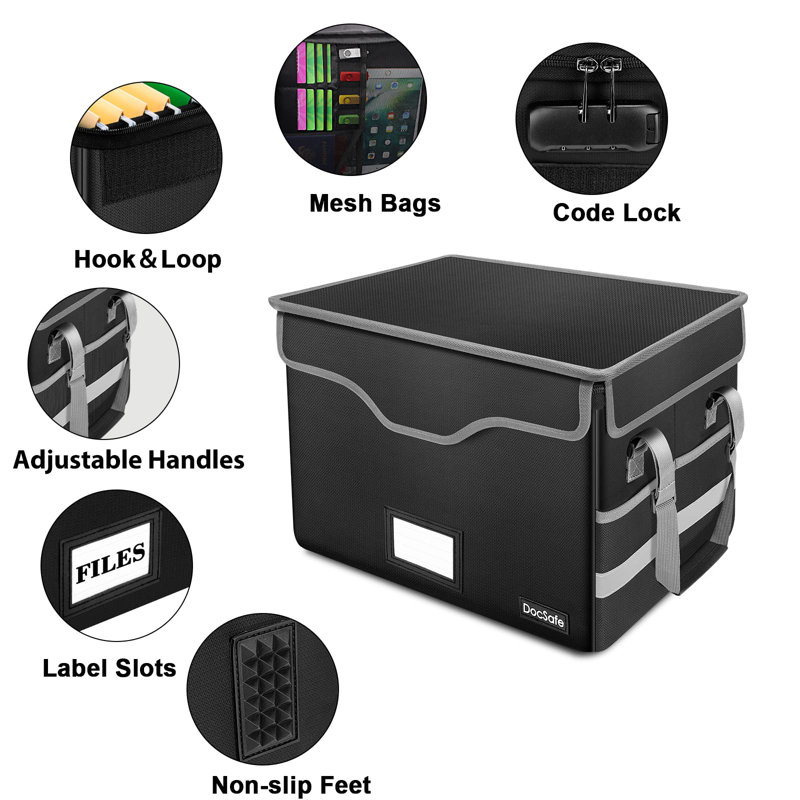 Black Fireproof Document Storage Box with Lock and Pockets, 2 Pack