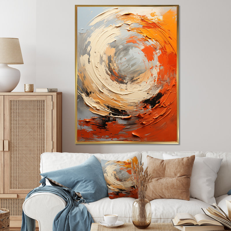 Échos orange et beige de formes modernes II - art mural abstrait, Cadre flottant doré, H 40 po x l 30 po x P 1,5 po