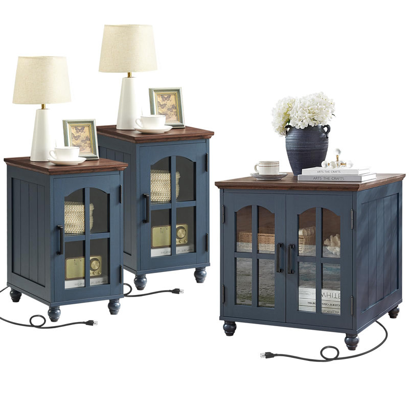 Ensemble de tables de bout 3 pièces avec station de charge, tables d'appoint en bois avec porte de grange en verre et tablettes réglables pour la chambre à coucher et le salon
