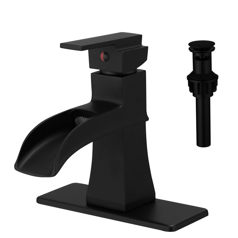 Modern Bathroom Basin Tap - Black Waterfall With Supply Lines, Pop Up Drain, Deck Mounted, One Handle, Matte Finish, Side Hole Sink Faucet Finish
