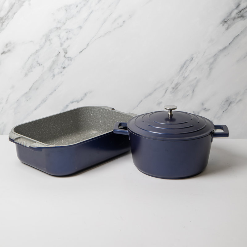 MasterClass 2pc Blue Cast Aluminium Cookware Set with 4L Casserole Dish, 34cm Roasting Pan