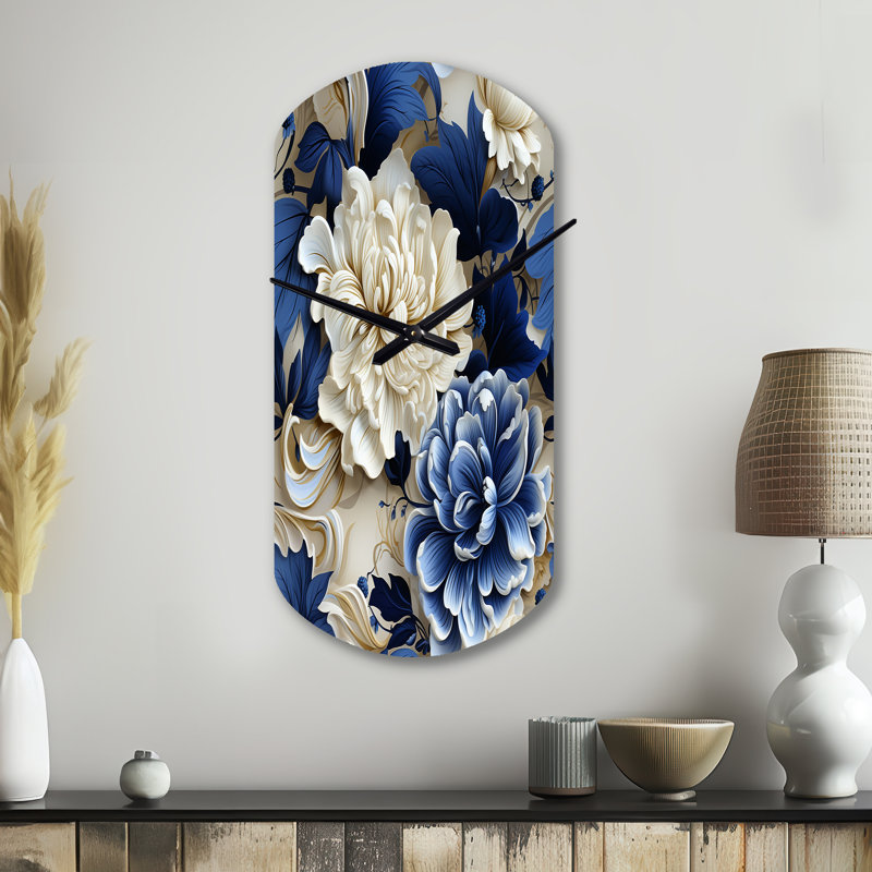Motif victorien victorien bleu cobalt feuillage - horloge murale asymétrique florale en métal, horloge murale chalet, Grand