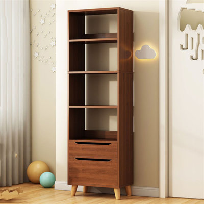 70"h Walnut Finish Narrow Tall Storage Cabinet, 4 Open Shelves + 1 Drawer + 1 Closed Door Cabinet, Slim Freestanding Bookcase, Mid-century Vertical Organizer For Bedroom, Bathroom & Small Spaces