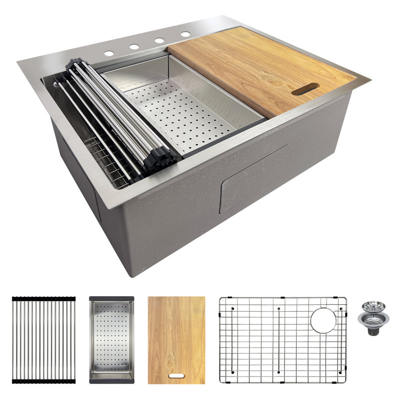 Transolid 27-in X 22-in 18-Gauge Drop-in Stainless Steel Kitchen Workstation Sink, 4 Hole
