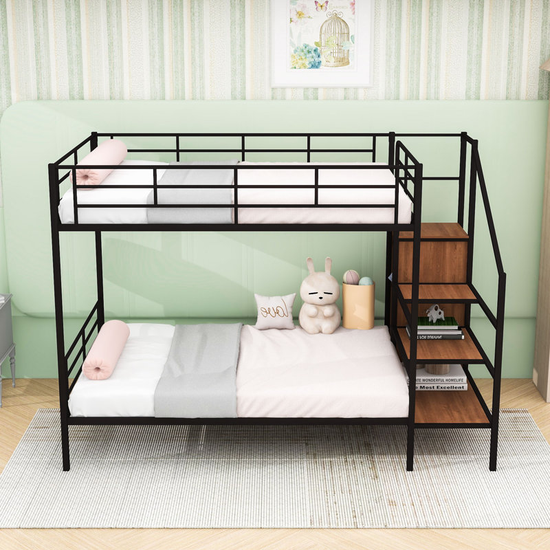 Metal Bunk Bed With Staircase And Wardrobe, Black, Full