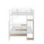 Lit superposé simple au-dessus d'un lit double en métal avec étagères grillagées, échelle de rangement et garde-robe-613958920