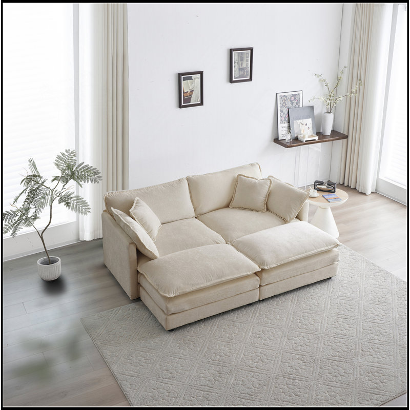 Canapé modulaire rembourré 4 pièces, canapé 1 place 2 pièces et 2 repose-pieds, causeuse 2 places avec repose-pieds, chenille beige