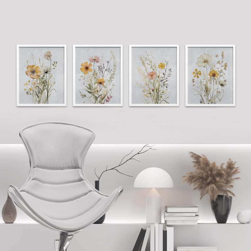 «Black and White Sunflowers Floral Botanical», impression sur papier 4 pièces, Blanc, H 10 po x l 8 po