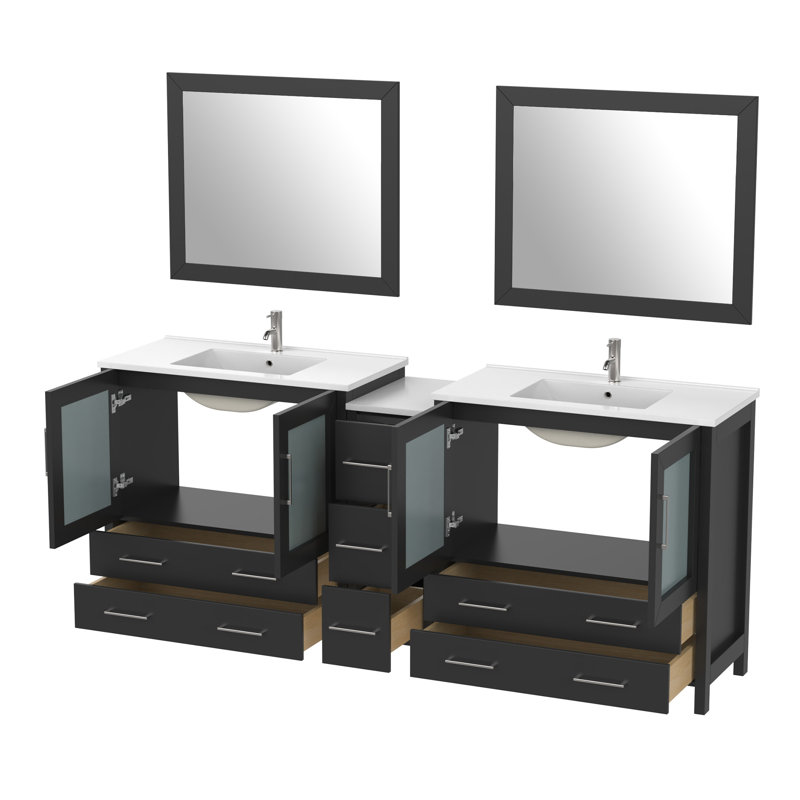 Brescia 84" Double Sink Freestanding Bathroom Vanity with Ceramic Top and Matching Mirrors, Espresso