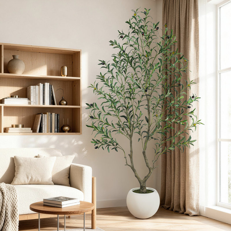Artificial Olive Tree with White Planter, 5 ft / 6 ft / 7 ft Faux Indoor Tree Modern Minimalist House Mediterranean Decor for Home Office Bedroom Living Room Entryway