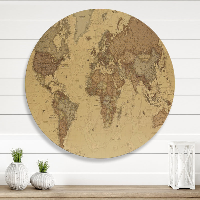 Ancienne carte du monde III - cercle rétro en métal, art mural, H 23 po x l 23 po x P 1 po