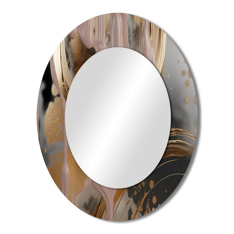 Abstract Golden And Pink Infinity Circles II - Abstract Oval Decorative Mirror On Metal, 43" x 33"
