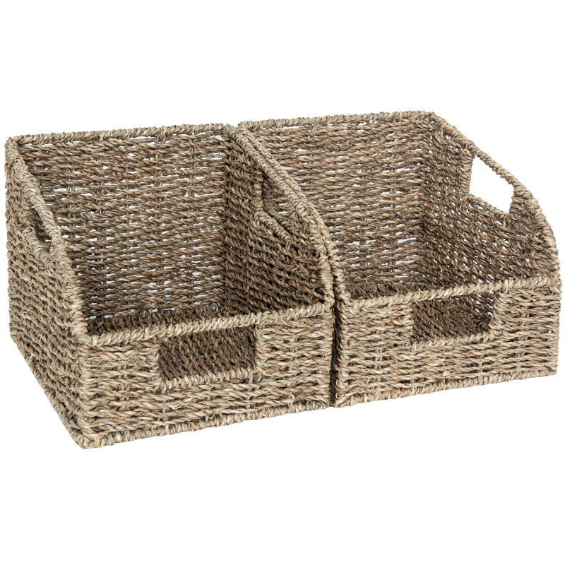 Handwoven Seagrass Storage Baskets - Natural Rectangular Organizer For Kitchen, Bathroom, Living Room - 8.5" X 7.5" - Set Of 2