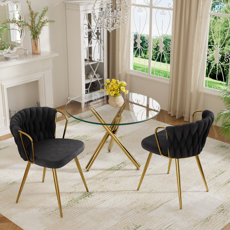Elegant Round Glass Dining Table Set, Black, 3 Pieces: Table, 2 Chairs, Gold