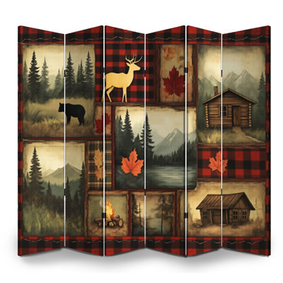 Cloison pliante 6 panneaux pour homme Cave Royal Bear Cabin Plaid Farmhouse Retro Country Woodland Toile