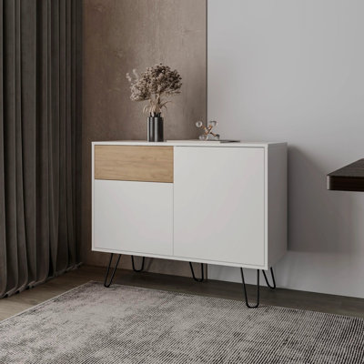 Buffet blanc et chêne naturel avec pieds en épingle à cheveux