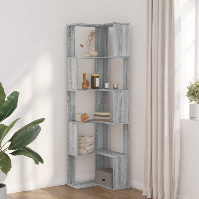 Corner Bookcase 5-Tier 50X50 Cm Engineered Wood, Grey Sonoma, (5 Shelves) 179cm H x 50cm W x 50cm D