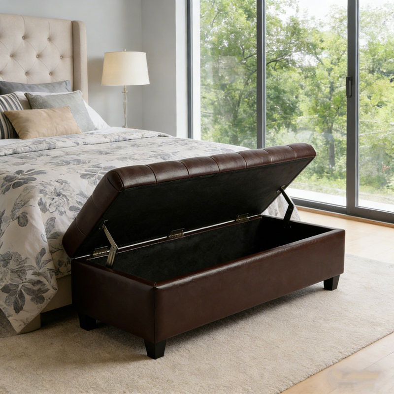 50.25" W Tufted Top Upholstered Storage Bench, Brown Tufted