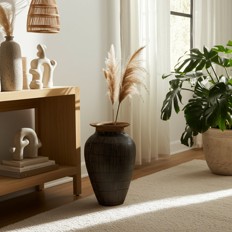 Vase de table décoratif en terre cuite et en rotin fabriqué à la main avec texture artisanale