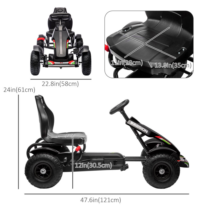 Kids Pedal Go Kart W/ Adjustable Seat, Rubber Wheels, Black