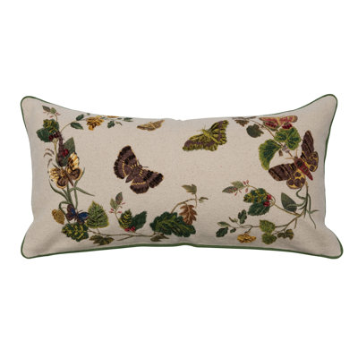 Cotton Lumbar Pillow with Butterflies, Flowers, Embroidery, and Piping