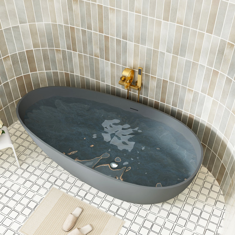 Baignoire de trempage autoportante 59 po. X 30 po. Finition mate à surface solide en pierre Egg Harbor (noir / blanc / gris)
