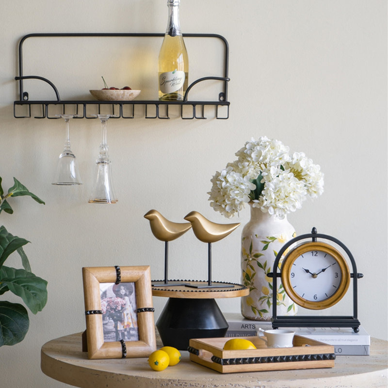 12" Round Wooden Pedestal Tray with Sculptural Iron Stand, Decorative Display Riser with Black Accents for Tabletop, Kitchen & Home Décor