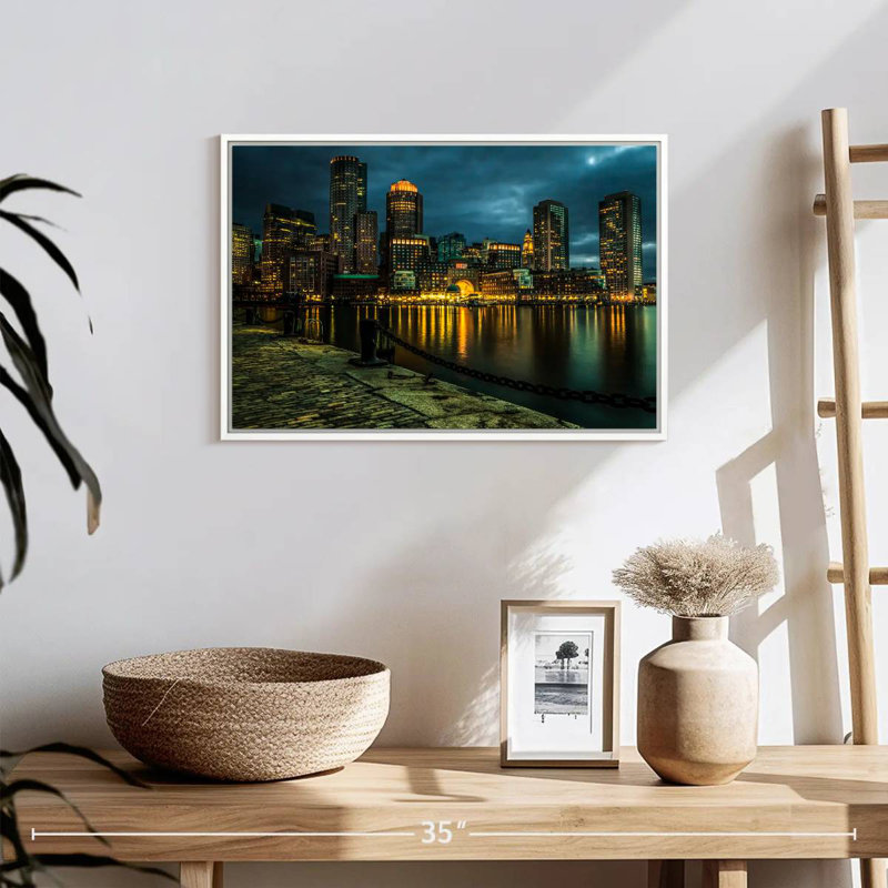 Silhouette de Boston la nuit, 19 po x 13 po, Cadre flottant blanc