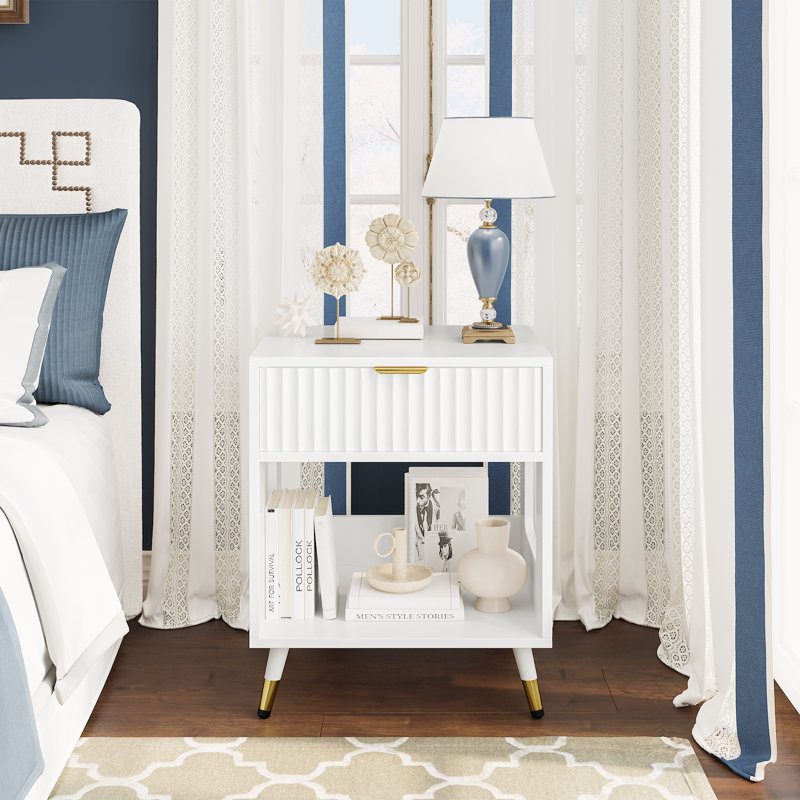 1-Drawer Nightstand with Fluted Front and Open Shelf , White