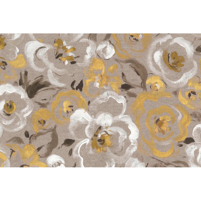 «Brushed Petals I Gold» par Pela - peinture sur toile tendue, H 20 po x l 30 po x P 1,25 po, Non, Cadre flottant noyer