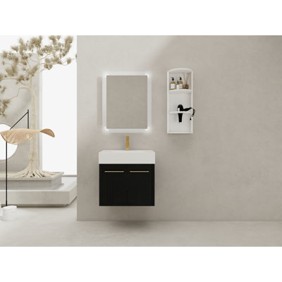 Meuble-lavabo moderne de 24 po avec lavabo en résine, support de rangement et charnières de porte en acier inoxydable à fermeture en douceur, lavabo fonctionnel avec trois finitions en châtaignier noir, portes pour une utilisation silencieuse